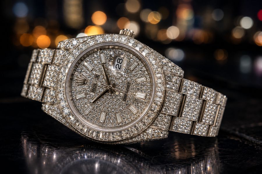 Iced luxury Rolex in bokeh glow