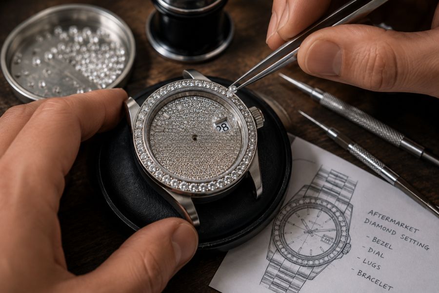 luxury watch aftermarket diamond bezel setting process