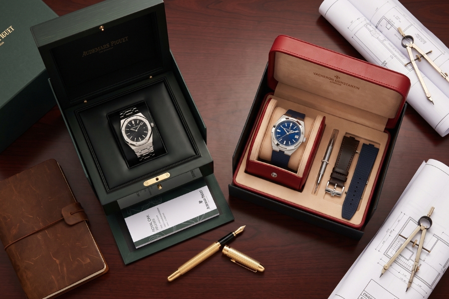 audemars piguet vs vacheron constantin luxury watch investment flat lay audemars piguet vs vacheron constantin luxury watch investment flat lay